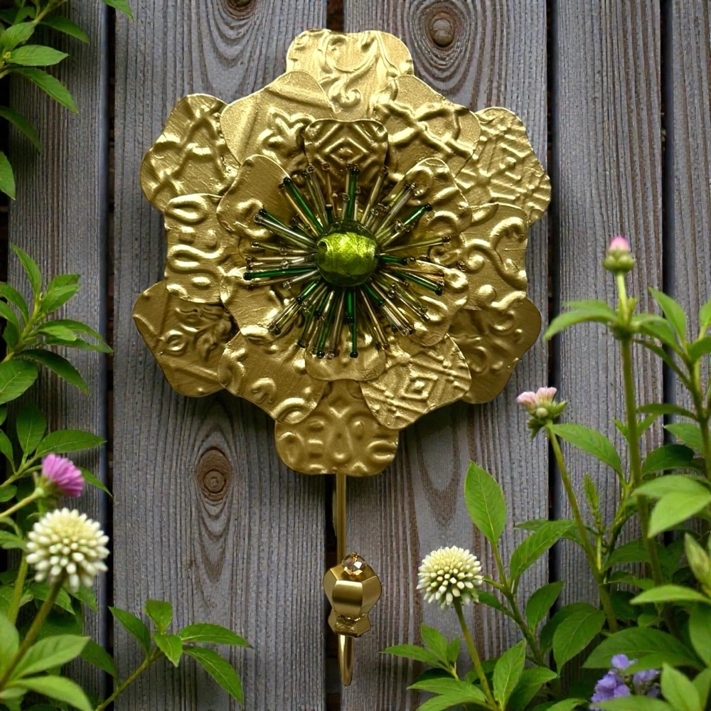 Hand Crafted Upcycled Gold Metal Flower Wall Hook